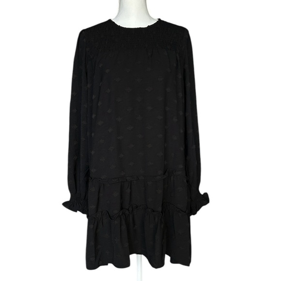 UMGEE Black Swiss Dot Mini Dress sz M Ruffles Balloon Sleeve Smocked Yoke #C3421 - Picture 2 of 10